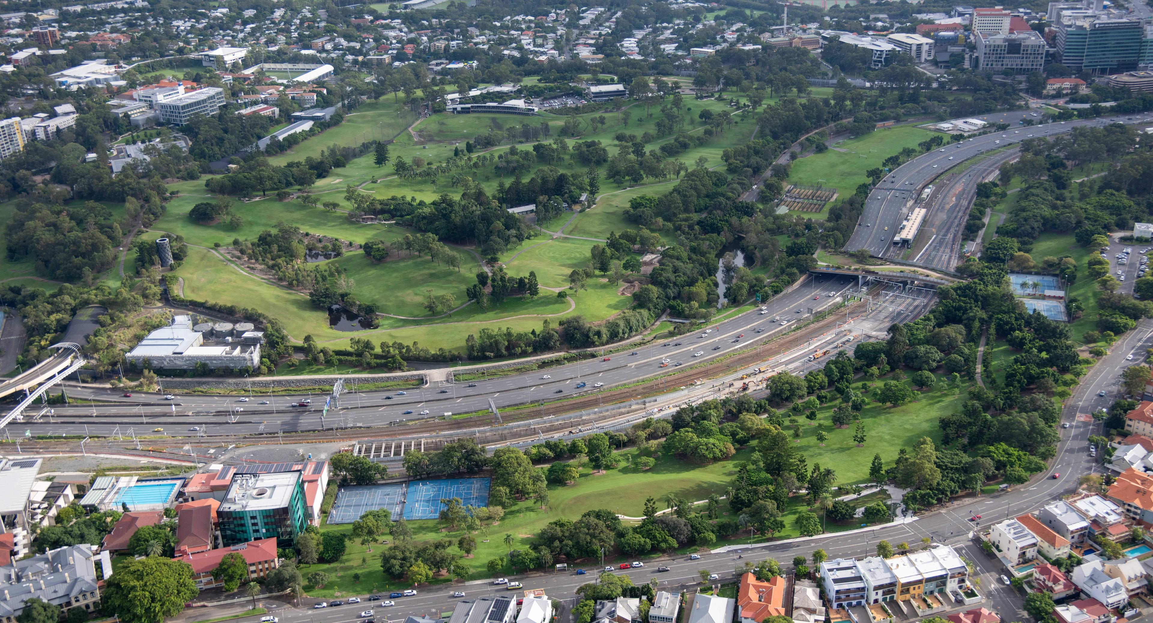 Aerial of Victoria Park Precinct with city scape in background
