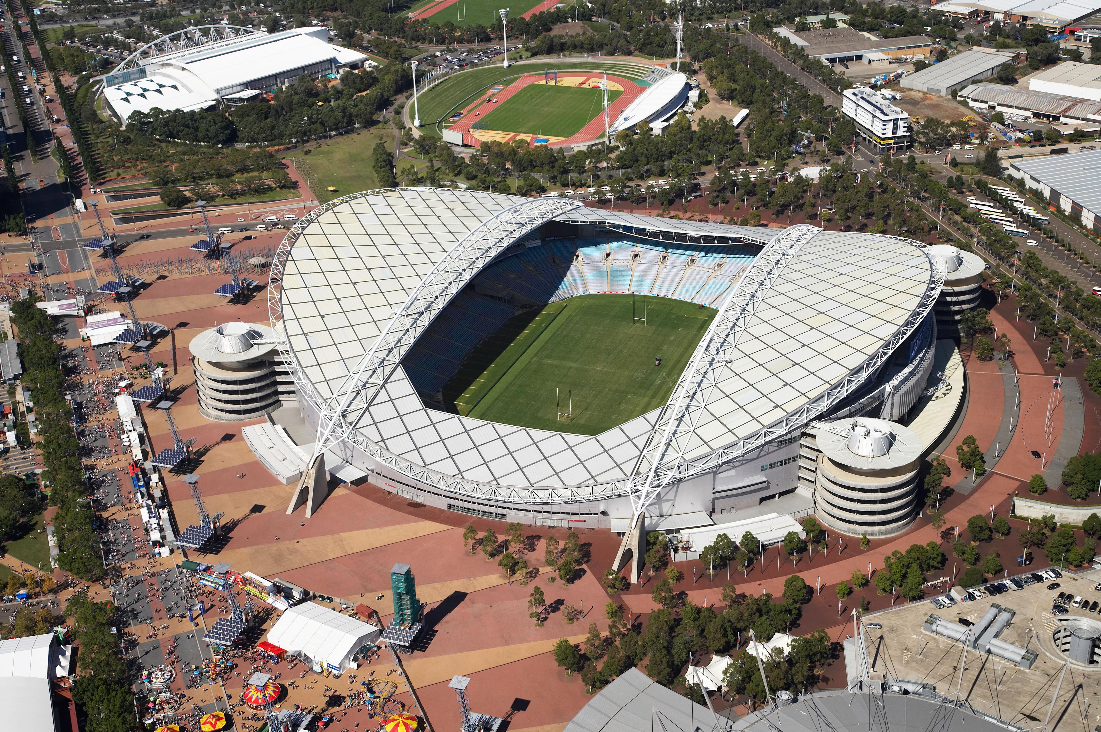Aerial image of Sydney’s Stadium Australia in the Olympic Park precinct